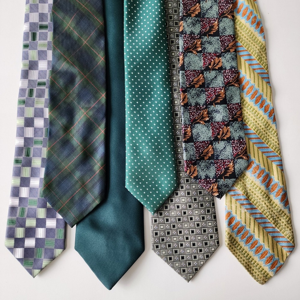 Necktie Bundle 7 Green Ties Lot Geometric Plaid Polka Dot Formal Grad Event Work